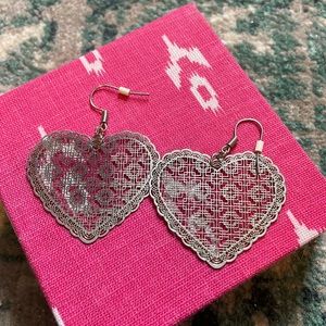 Silver lace heart earrings